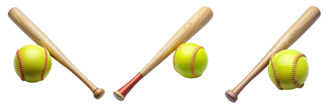Two Softball Bats and Balls Composition, Isolated on Transparent Background, 3D Render, Sport Equipment, Softball, Bats, Sports Equipment