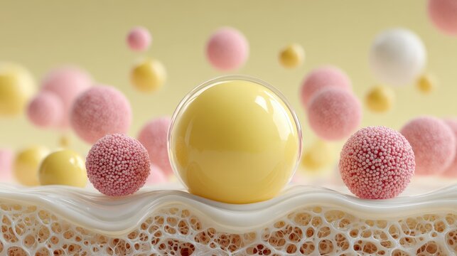 Detailed 3D macro view of skin interacting with zinc oxide sunscreen gel particles