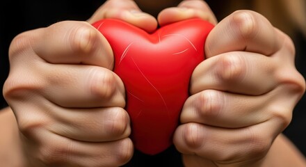 Obraz premium Closeup of hands tightly holding a red heart, symbolizing love and health care