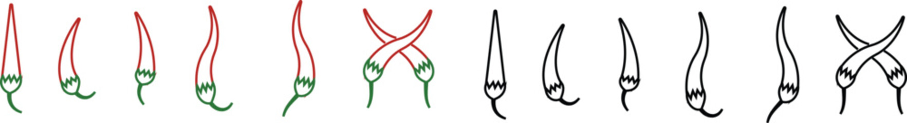 Chili pepper icon set, capsicum collection hot spice vector group, jalapeno silhouette and outline, cayenne symbol bundle, vegetable pictogram pack in line style for seasoning design isolated