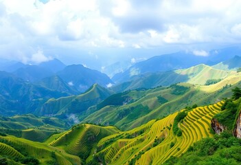 Fototapeta premium Breathtaking panoramic vista of Mu Cang Chai's rice terraces cascading down Khau Pha Pass, Vietnam, vibrant, dramatic