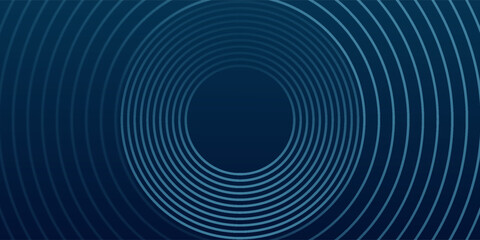 Garis geometri berpendar biru abstrak pada latar belakang biru gelap. Pola garis lingkaran biru mengkilap modern. Futuristik konsep teknologi. Jas untuk sampul, poster, spanduk, header, website. 