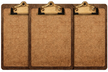 Three brown cork-covered clipboards