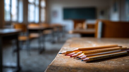 Pencils Resting on a Wooden Desk in a School Classroom