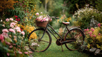 Fototapeta premium Vintage bicycle with flower basket in spring garden