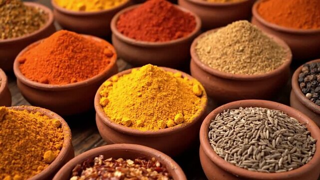 Bowls filled with spices arranged on a surface featuring vibrant colors
