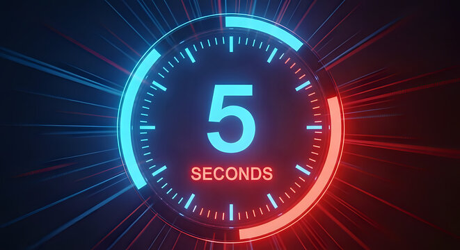 A glowing countdown timer displaying five seconds surrounded by neon lights and radial speed lines