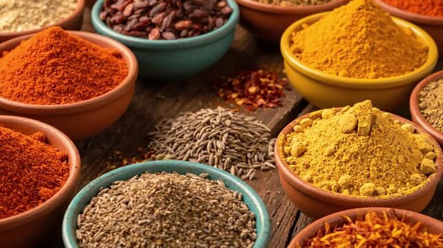 Bowls of assorted spices and seeds on a rustic wooden surface