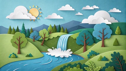 Obraz premium Paper art illustration of a beautiful landscape with waterfall, trees, and blue sky with sun