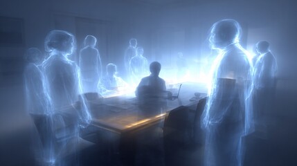 People in ethereal form gather, communicate within a conference room.