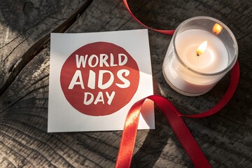 World aids day awareness symbol with red ribbon and lit candle