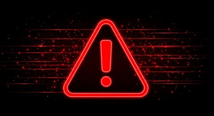 Glowing red warning sign illuminated on dark backdrop evokes feelings of urgency and alert status.