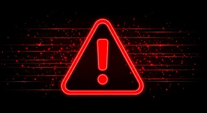 Glowing red warning sign illuminated on dark backdrop evokes feelings of urgency and alert status.
