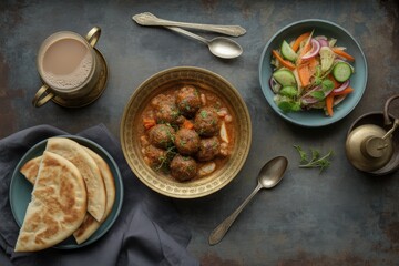 Hearty meatball stew with salad and flatbread