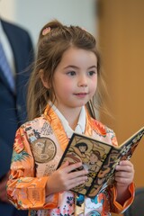 Young girl in colorful kimono holding a book, participating in cultural event