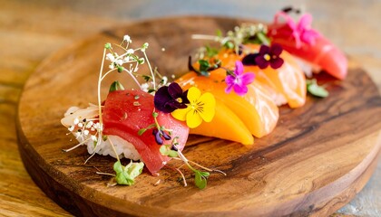 Colorful sushi nigiri on wooden platter