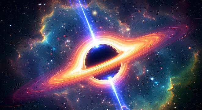 A vibrant depiction of a black hole with accretion disk and jets against a starry nebula background - Powered by Adobe
