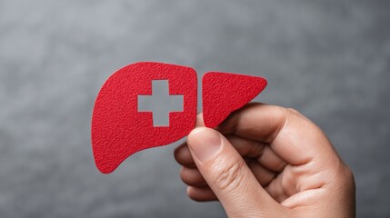Hand holding a red liver cutout with a cross, representing organ health, medicine, and healthcare. Focus on health awareness and medical concepts.