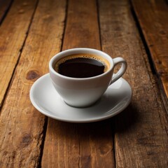 Fototapeta premium Hot coffee cup on wooden table, plain studio background. 