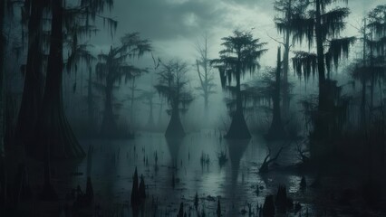 Misty swamp landscape at dusk