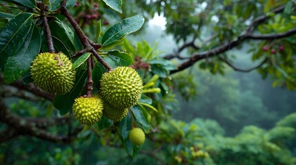 Lush Green Tropical Tree Branch with Fruits in Misty Forest Setting