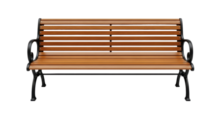 Wooden park bench with metal armrests
