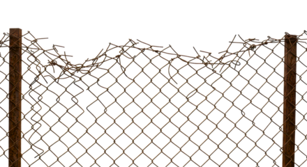 Rusty damaged chain link fence with posts
