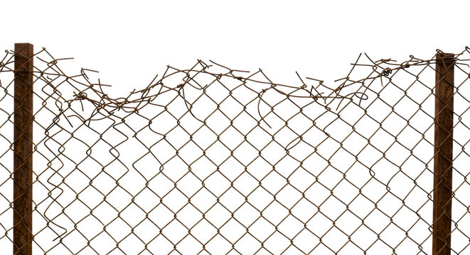 Rusty damaged chain link fence with posts
