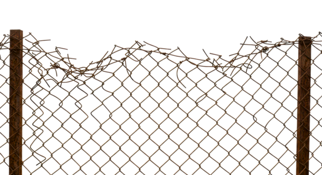 Rusty damaged chain link fence with posts
