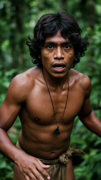 Indigenous Man: Portrait of an Indigenous Southeast Asian Man, early 20s, staring from within a lush tropical forest environment.