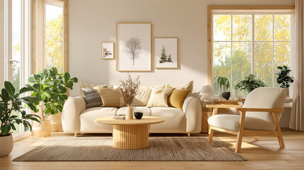 Soft Real Photo of Scandinavian Living Room With Neutral Color Sofa, Minimalist Cushions, and Cozy Lighting on Clean Background