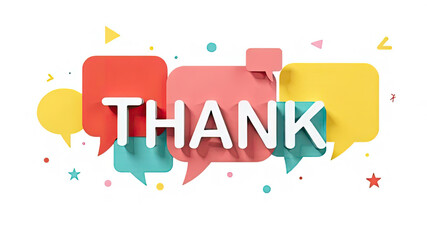 Colorful speech bubbles display the word "thanks" in multiple languages on a white background. This vibrant illustration emphasizes gratitude and global communication.