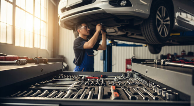 A focused female mechanic in blue overalls works diligently underneath a car on a hydraulic lift in a well-equipped auto repair shop.