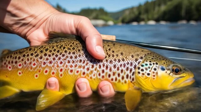Brown Trout Caught in Fast-Flowing River - A beautiful golden-brown Brown Trout is held by a fisherman over the clear waters of a fast-flowing river.