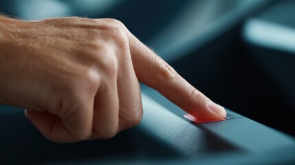 Hands pressing a button on a smart treadmill, adjusting workout intensity. Technology, control. Digital, responsive.