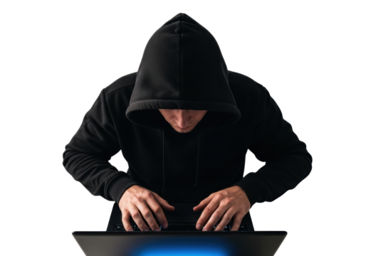 Hacker in a hoodie typing on a laptop
