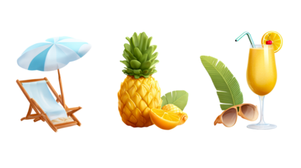 Tropical vacation elements a lounge chair with umbrella, a pineapple, and a refreshing drink