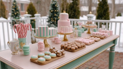 Naklejka premium Whimsical holiday celebration sparkling christmas tea party with lights presents and mini cakes