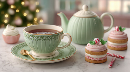 Fototapeta premium Whimsical christmas tea party celebration with sparkling lights mini cakes and holiday deals in a cozy setting