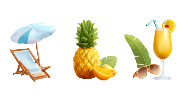 Tropical vacation elements a lounge chair with umbrella, a pineapple, and a refreshing drink