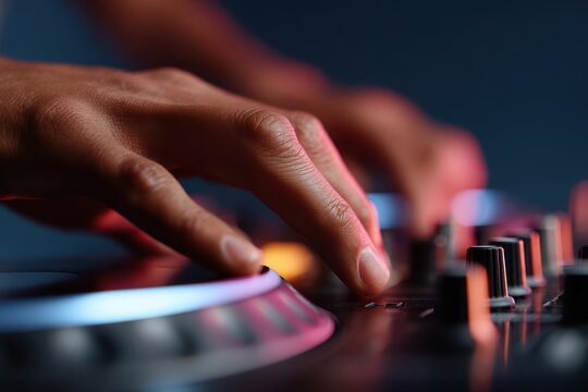Hands mixing tracks on a professional DJ turntable, energetic music creation. DJing, rhythm. Dynamic, creative.