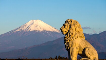 Majestic lion statue against snowy mountain