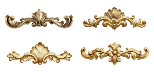 Set of vintage golden decorative elements isolated on a transparent background