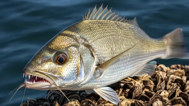 Iridescent Sheepshead on Oyster Bed - A close-up of a Sheepshead fish, showcasing its iridescent scales and prominent teeth. The fish rests on a bed of oysters near the water's edge.
