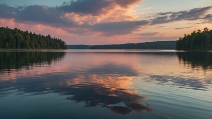Fototapeta premium Tranquil lake landscape with sunset reflection in high detail.