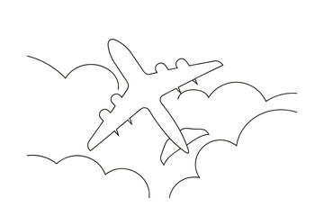 A minimalist single line drawing an airplane flying through clouds aircraft travel
