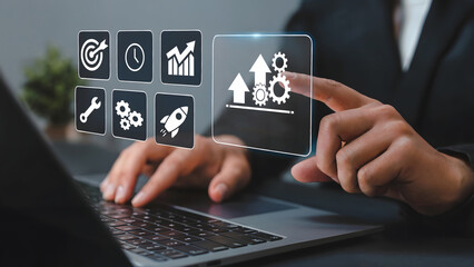 Drive business growth with innovative solutions using a modern laptop, achieving goals, improving efficiency, and launching successful projects now