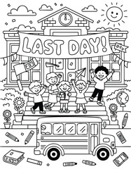 Celebrating the Last Day of School: Kids, School Bus, and Festive Banner