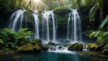 Fototapeta premium Tropical waterfall landscape with lush forest and clear water in high resolution.