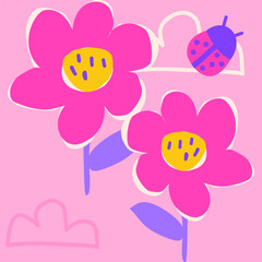 Playful sunflower illustration with ladybug in colorful background